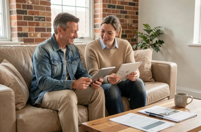 Couple consultant des annonces immobilières en ligne sur une tablette dans leur salon