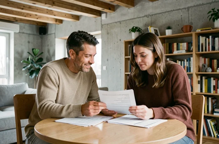 Couple étudiant des documents immobiliers et un contrat de prêt dans un appartement de style parisien