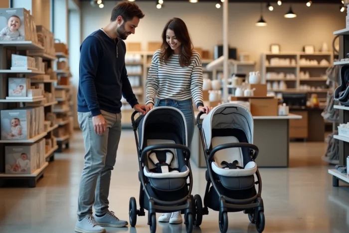 Couple de futurs parents comparant des poussettes dans un magasin de puériculture