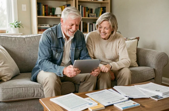 Couple de retraités consultant ensemble les démarches d'accès aux services retraite Société Générale sur tablette