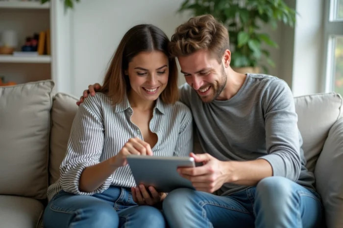 Couple de salariés consultant ensemble l'application Al'in sur une tablette pour comparer des logements disponibles