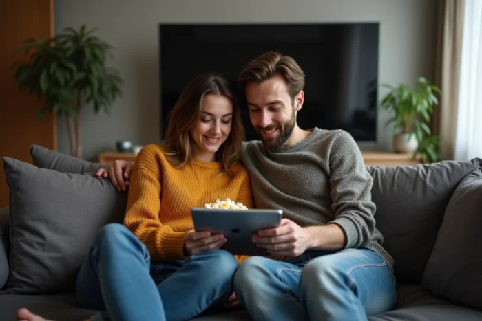 Couple regardant un film en streaming gratuit sur tablette sans créer de compte dans leur salon
