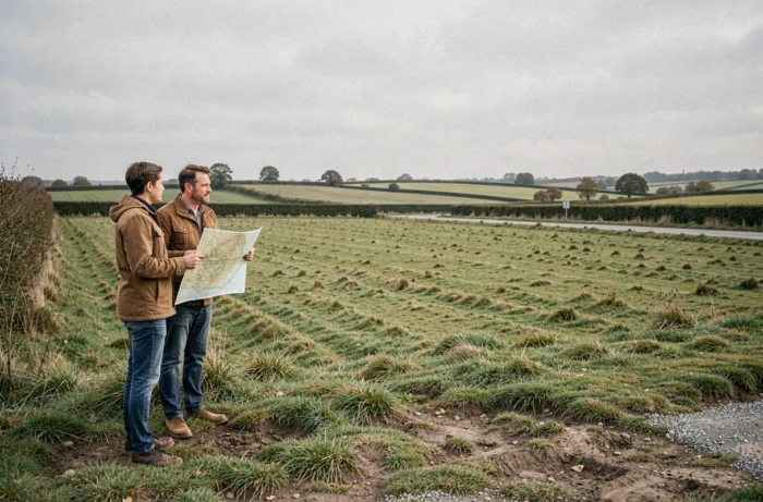 Couple consultant un plan cadastral sur un terrain agricole non constructible en zone rurale