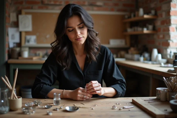 Créatrice de bijoux de luxe travaillant sur une pièce en argent dans son atelier artisanal aux murs en briques
