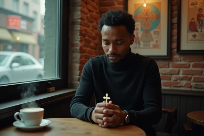 Homme d'origine éthiopienne tenant une croix orthodoxe dans un café de Toronto, reflétant l'identité religieuse et culturelle de The Weeknd
