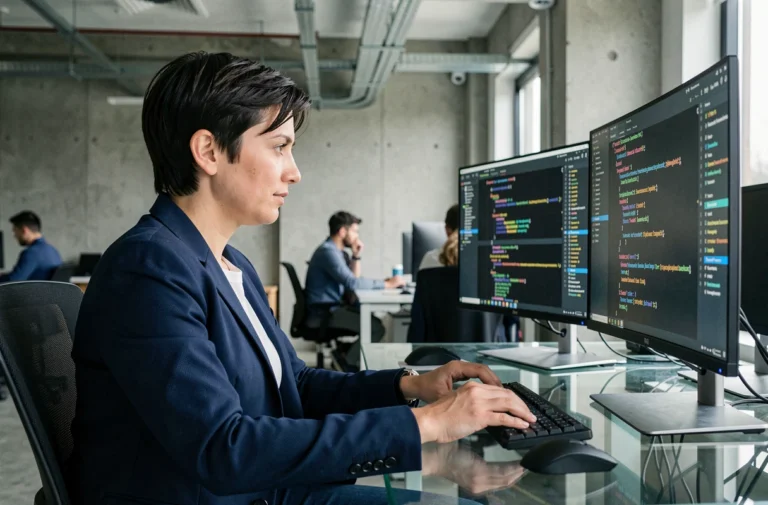 Développeuse informatique analysant du code sur double écran ultrawide dans un bureau tech moderne en 2024