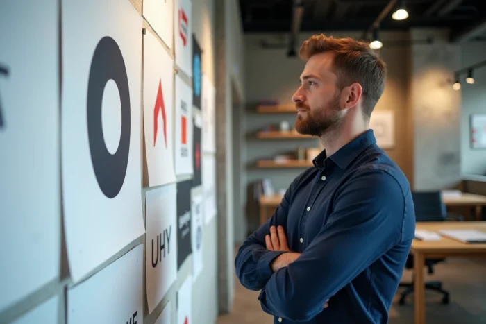 Directeur créatif examinant un nouveau logo de marque dans une agence de design moderne