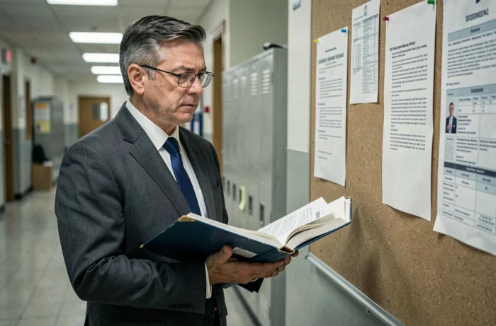 Directeur d'école consultant une note officielle sur le pacte enseignant affichée dans un couloir scolaire