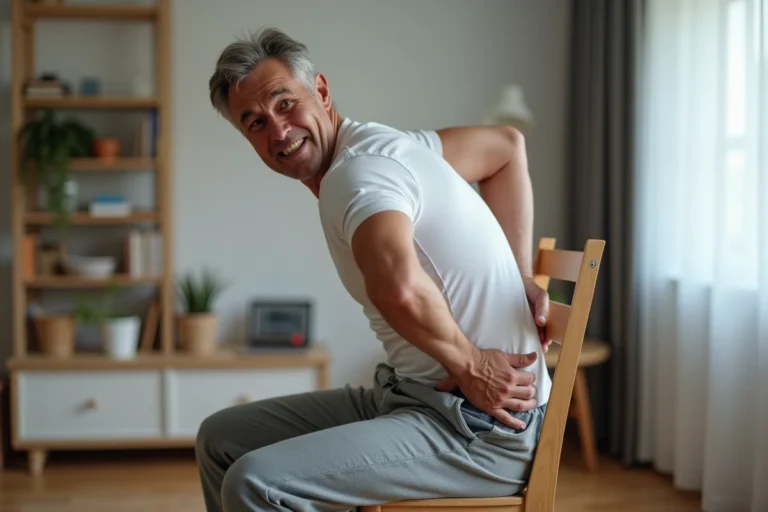 Homme adulte assis sur une chaise tenant sa fesse et son bas du dos en raison d'une douleur sciatique