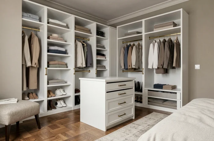 Dressing ouvert dans une chambre avec penderie modulaire en laque blanche, étagères et tiroirs en tissu et parquet en chêne