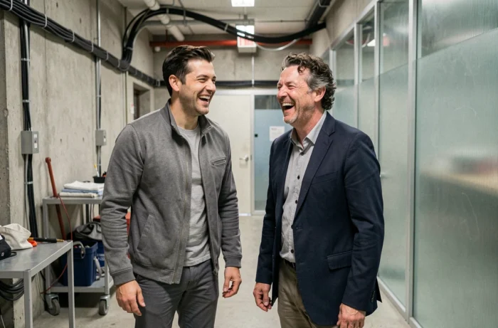 Deux personnalités télévisuelles en coulisses d'un studio, partageant un moment complice qui illustre la fascination des fans pour leurs duos médiatiques préférés
