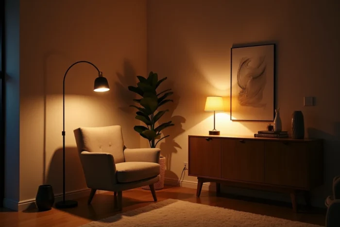 Éclairage adaptatif par zones avec lampadaire, lampe de table et applique murale créant une ambiance chaleureuse dans un salon
