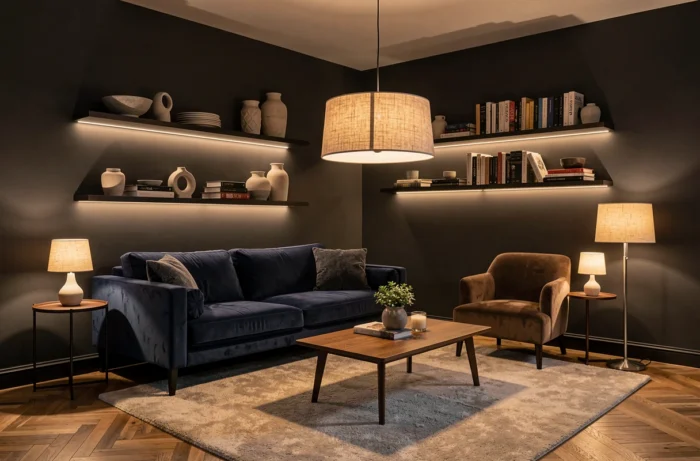 Éclairage en couches dans un salon avec suspension textile, lampe de sol et éclairage LED intégré créant une ambiance modulable