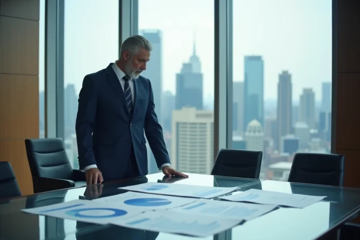 Économiste analysant des graphiques de PIB mondial dans un bureau moderne avec vue sur une métropole financière