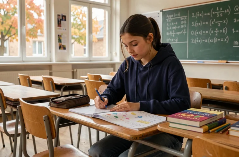Lycéenne révisant ses cours dans une salle de classe française, cahiers annotés et manuels scolaires sur le bureau