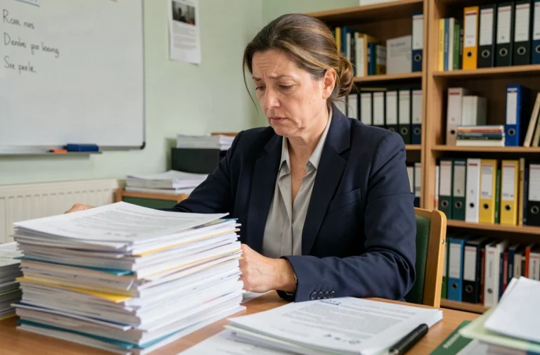 Enseignante examinant des documents officiels liés au pacte enseignant dans une salle administrative scolaire