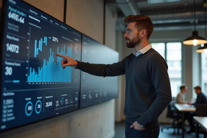 Entrepreneur masculin analysant des statistiques de vente en ligne sur un écran dans un espace de coworking moderne