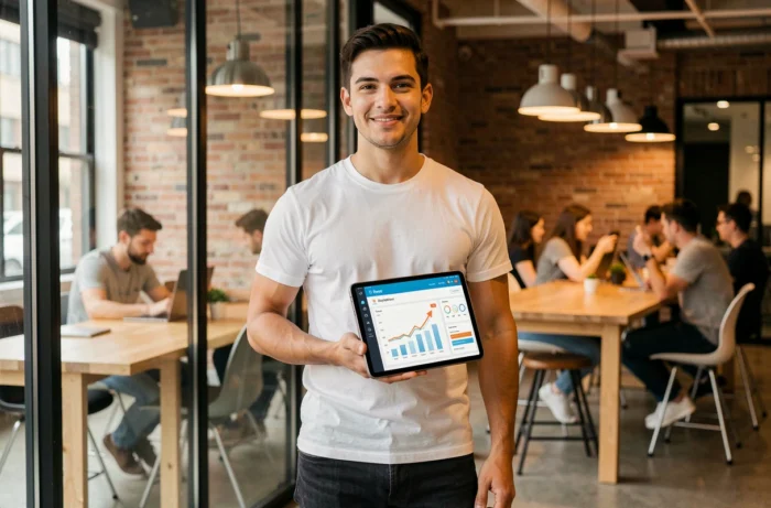 Jeune entrepreneur en espace de coworking consultant un tableau de bord de croissance d'entreprise sur tablette numérique