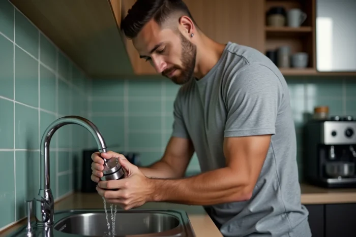 Homme entretenant le groupe café d'une machine Saeco Picobaristo Deluxe sous l'eau courante dans la cuisine