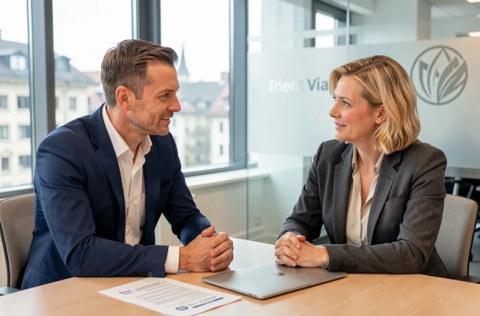 Entretien d'embauche dans un bureau moderne à Zurich pour un poste technique, candidat masculin face à une recruteuse professionnelle