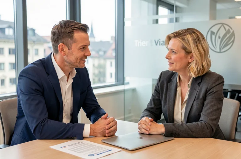 Entretien d'embauche dans un bureau moderne à Zurich pour un poste technique, candidat masculin face à une recruteuse professionnelle