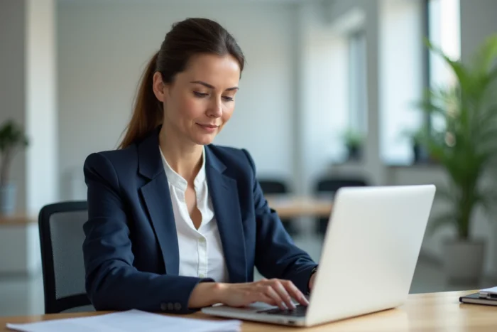 Femme professionnelle envoyant des fichiers volumineux sur son ordinateur portable dans un bureau moderne