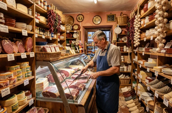 Intérieur d'une épicerie traditionnelle basque à Dancharia avec charcuterie et produits locaux espagnols