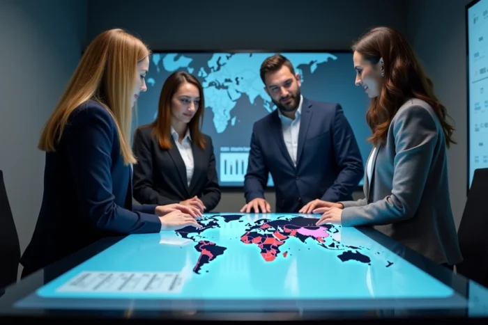 Équipe internationale de professionnels analysant un classement mondial du PIB sur une table numérique interactive