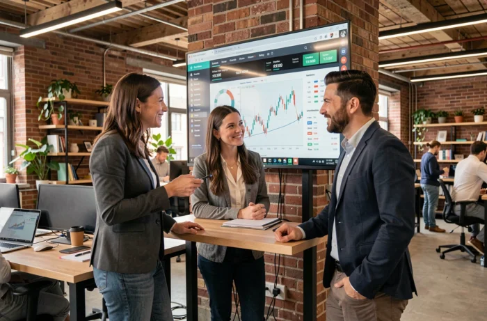 Groupe de collègues discutant de données financières et de tendances boursières sur un écran dans un espace de coworking moderne, représentant la collaboration autour de l'actualité financière
