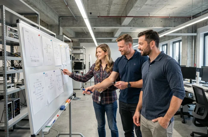 Équipe d'ingénieurs techniques collaborant sur des plans dans un open space industriel d'une entreprise suisse