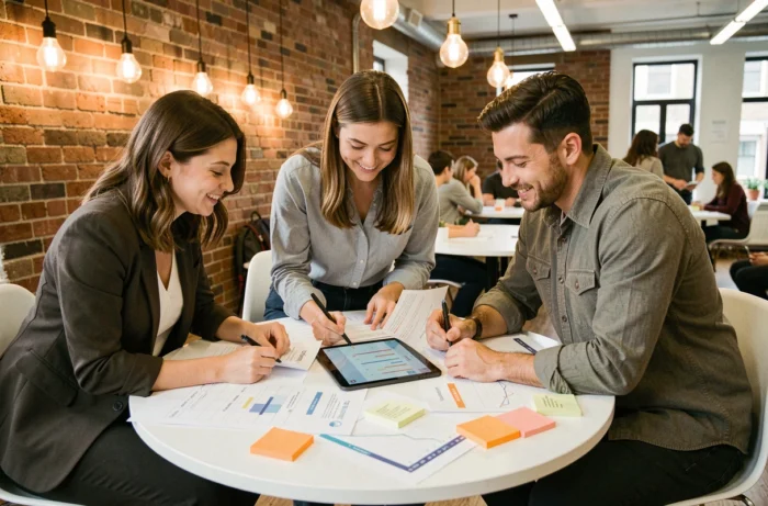 Équipe de professionnels en marketing collaborant sur une stratégie de contenu et un calendrier de visibilité en ligne dans un espace de coworking