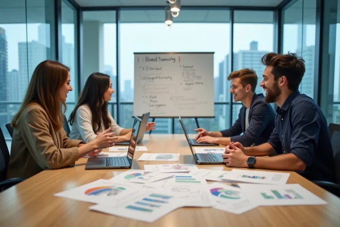 Équipe de professionnels discutant d'un projet de rebranding autour d'une table de réunion