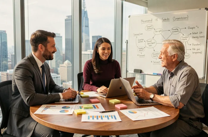 Équipe professionnelle diversifiée en réunion collaborative autour de solutions de services personnalisés pour entreprise