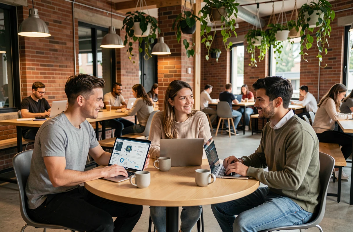 Équipe de jeunes professionnels tech discutant des tendances informatiques 2024 dans un espace de coworking