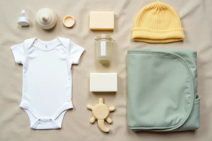 Vue de dessus d'une sélection d'équipements essentiels pour nouveau-né disposés sur une surface en lin naturel