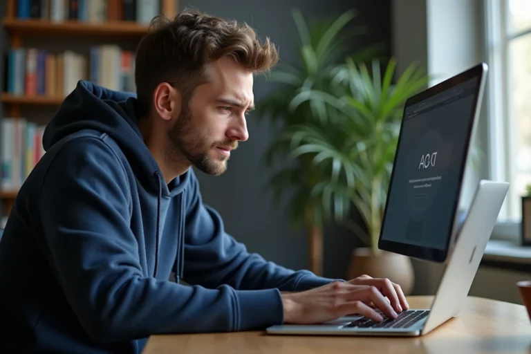 Homme frustré face à une erreur de page web sur son ordinateur portable cherchant la nouvelle adresse d'un site bloqué