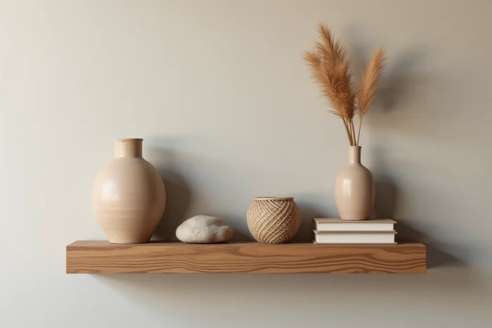 Étagère ouverte en bois avec céramiques brutes, graminées séchées et objets naturels disposés sur mur en plâtre texturé