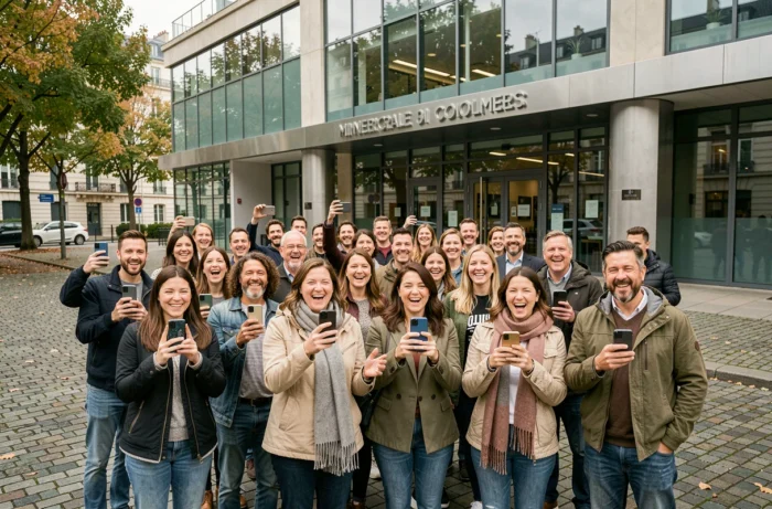 Groupe de fans enthousiastes rassemblés devant un studio de télévision parisien, illustrant la fascination grandissante du public pour les animateurs emblématiques français