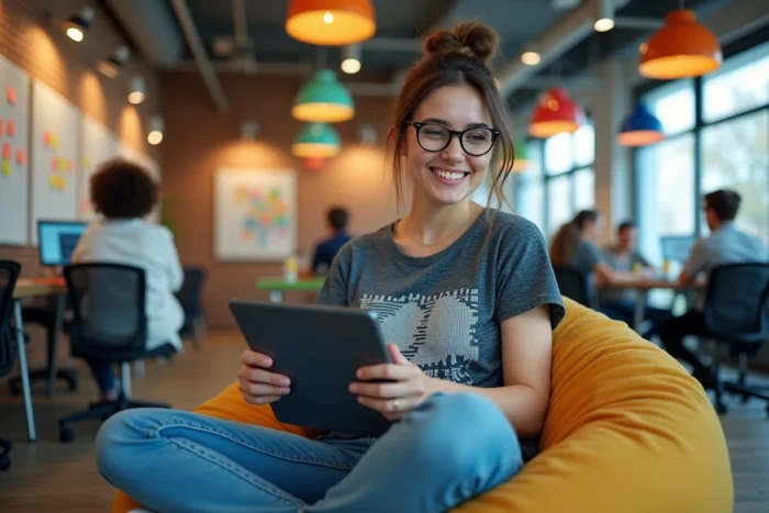Femme passionnée de technologie lisant les dernières actualités geek sur une tablette dans un espace de coworking coloré