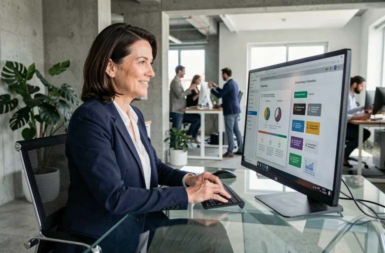 Femme d'affaires professionnelle analysant une stratégie numérique innovante sur écran tactile dans un bureau moderne