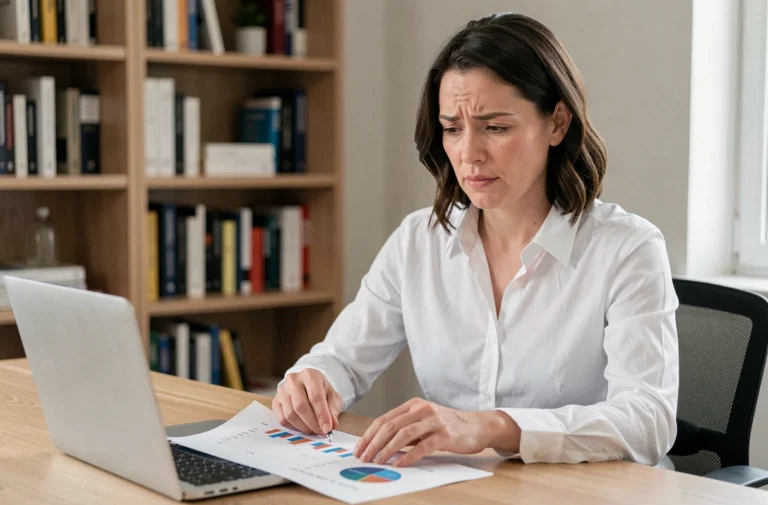 Femme analysant des graphiques financiers sur un bureau moderne, illustrant la démystification de la finance personnelle