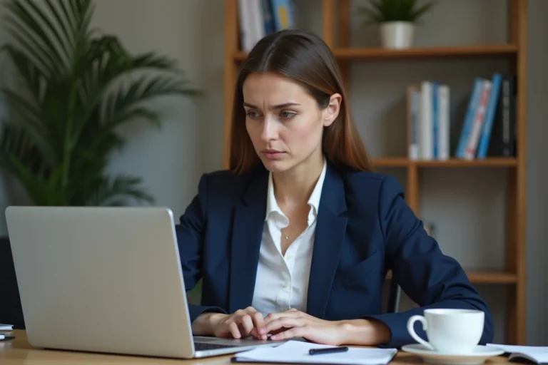 Femme professionnelle analysant ses résultats sur un ordinateur portable pour éviter les pièges d'une plateforme en ligne