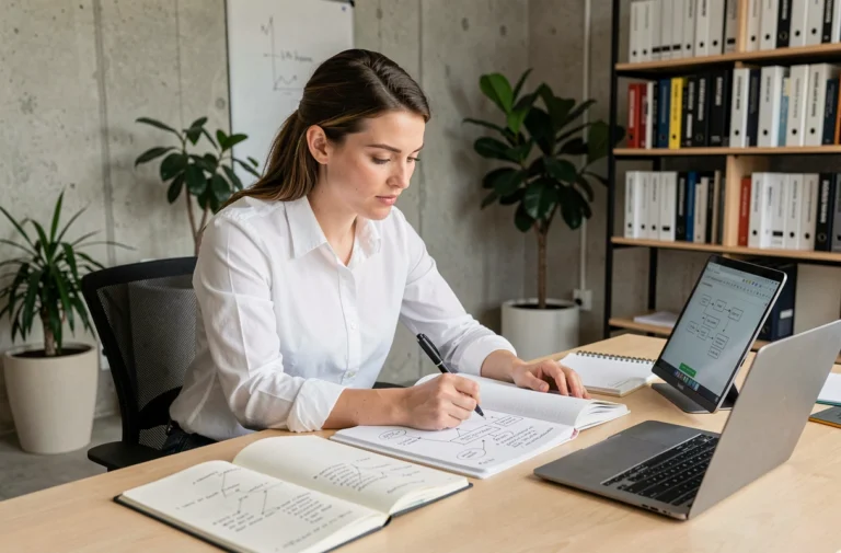 Femme concentrée annotant un schéma complexe sur son bureau dans un bureau moderne, illustrant l'analyse et la compréhension d'un système technique