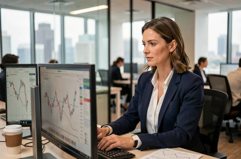 Femme professionnelle analysant des graphiques financiers sur un écran d'ordinateur dans un bureau moderne, illustrant la gestion et le suivi des tendances financières