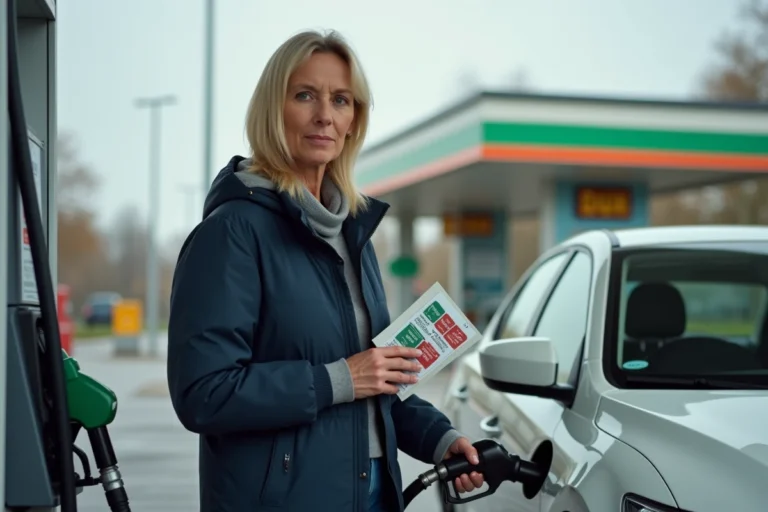 Femme utilisant des chèques ANCV à une pompe à carburant dans une station essence française