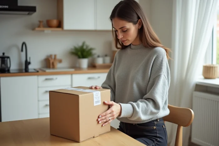 Femme examinant un colis de livraison Asos reçu à domicile dans une cuisine moderne