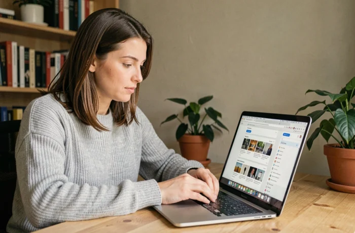 Femme comparant différents navigateurs internet sur un ordinateur portable dans un bureau à domicile