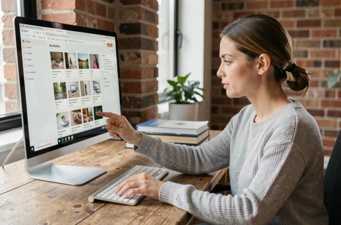 Femme consultant un index numérique complet sur un grand écran dans un bureau moderne à domicile