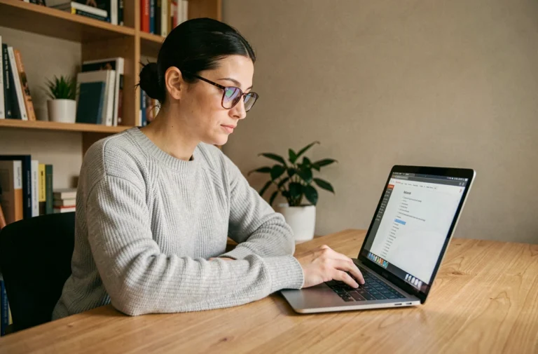 Femme consultant le plan du site d'un blog sur son ordinateur portable dans un bureau à domicile ordonné