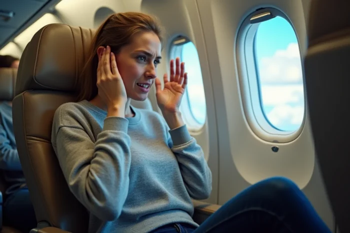 Femme en avion souffrant de douleurs aux oreilles assise côté hublot pendant un vol